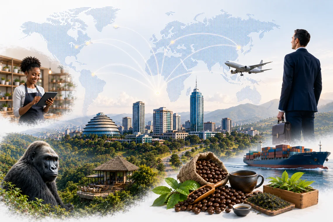 Rwanda market, tourism, exports and global connection visual